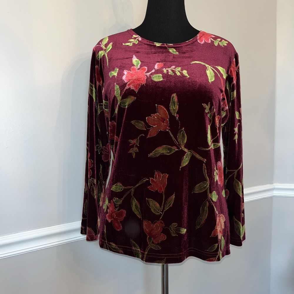 Notations Burgundy Floral Velvet Burnout Blouse‎ Size Large